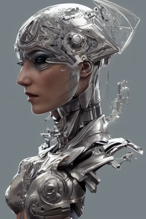 Prompt: portrait of a space cyborg, 3d, glass, diffuse lighting, fantasy, intricate, elegant, highly detailed, lifelike, photorealistic, digital painting, artstation, illustration, concept art, sharp focus, art by adam hughes