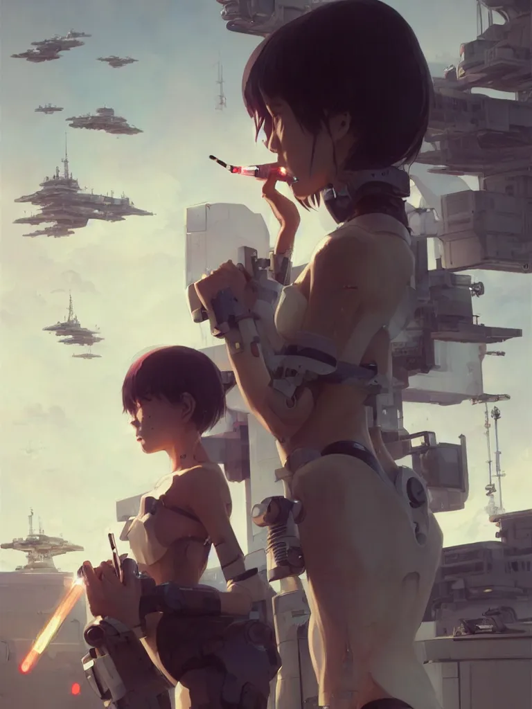 Image similar to Close-up Beautiful full body portrait of a lone beautiful cyborg anime woman smoking a cigarette, standing in front of a cyborg repair shop, while a lone futuristic military cargo ship flies overhead, by Greg Rutkowski and Krenz Cushart and Pan_Ren_Wei and Hongkun_st and Bo Chen and Enze Fu and WLOP and Alex Chow, Madhouse Inc., anime style, crepuscular rays, set in rainy futuristic cyberpunk Tokyo street, dapped light, dark fantasy, feminine figure, smooth skin, gorgeous, pretty face, beautiful fashion model body, high detail, hyper realistic, cgsociety, trending on artstation