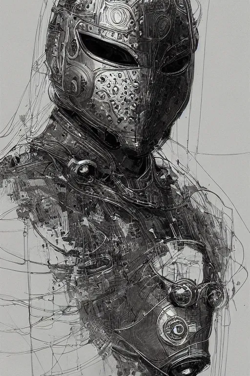 Image similar to portrait of a futuristic masked man with cybernetics and wires on the helmet, pen and ink, intricate line drawings, by craig mullins, ruan jia, kentaro miura, greg rutkowski