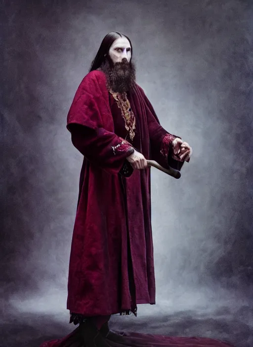 Image similar to full body portrait of a 30 year old RASPUTIN wearing a highly detailed deep purple and crimson robe with cloak holding a sickle in his right hand. Cinematic dynamic lighting with backlight. ACTION POSE. portrait by Annie Leibovitz