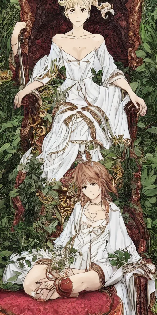 Image similar to an highly detailed magical empress sitting by herself on a sofa in a forest wearing a white robe drawn by cloverworks studio, elegant, beauty, tarot card,