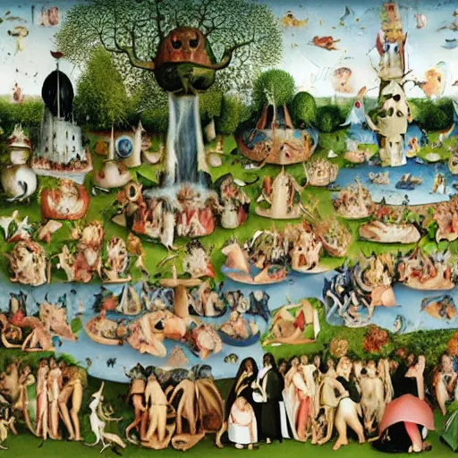 Image similar to a photorealistic version by martin parr of a bosch garden of earthly delights