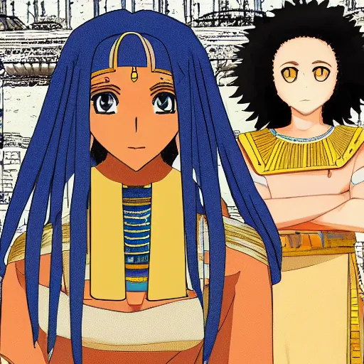 Image similar to A anime still of a portrait of a black woman with ancient egypt ruins as background