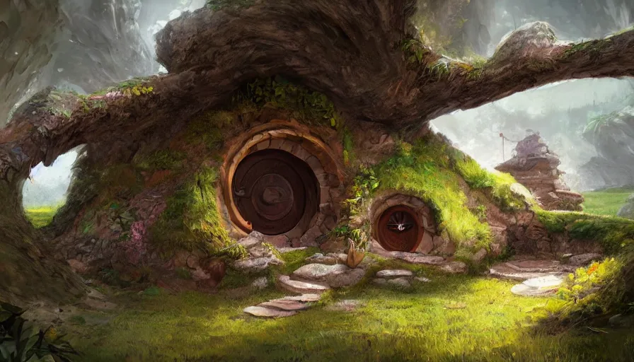 Image similar to concept art of a beautiful hobbit - hole, digital art, trending on artstation