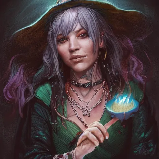 Image similar to a beautiful portrait of a witch casting a spell by Adrian Smith, featured on artstation