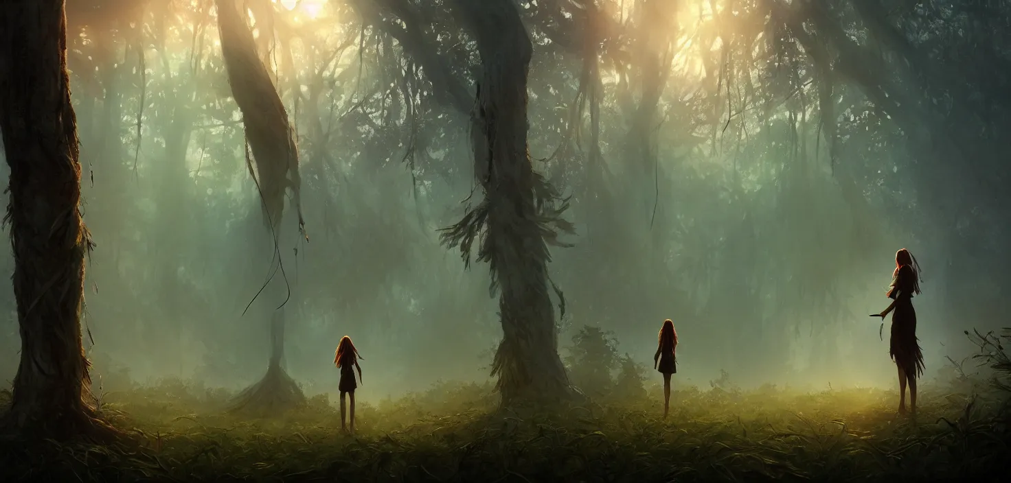 Prompt: woman standing and looking at the dreamcatcher hanging from the trees in the mysterious forest, cinematic view, epic sky, detailed, concept art, low angle, high detail, warm lighting, volumetric, godrays, vivid, beautiful, trending on artstation, by jordan grimmer, huge scene, grass, art greg rutkowski