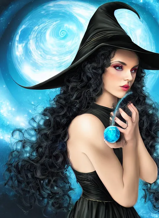 Image similar to a beautiful witch with long curly dark hair, large blue eyes holding a wand with a very large magical gemstone at the top radiating energy