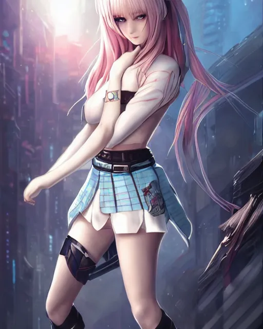 Image similar to The successful warrior is the average man, with laser-like focus, artwork by artgerm, anime, cyberpunk streets in Japan, elegant, seductive, long white hair, knee high socks, extra short blue plaid skirt, white blouse, army boots, high fantasy, CGsociety, full length, exquisite detail, post-processing, low angle, masterpiece, mystical, magical, art by Masamune Shirow