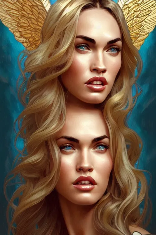 Image similar to portrait of megan fox as an blonde angel, wings, intricate, headshot, highly detailed, digital painting, artstation, concept art, sharp focus, cinematic lighting, illustration, art by artgerm and greg rutkowski, alphonse mucha, cgsociety