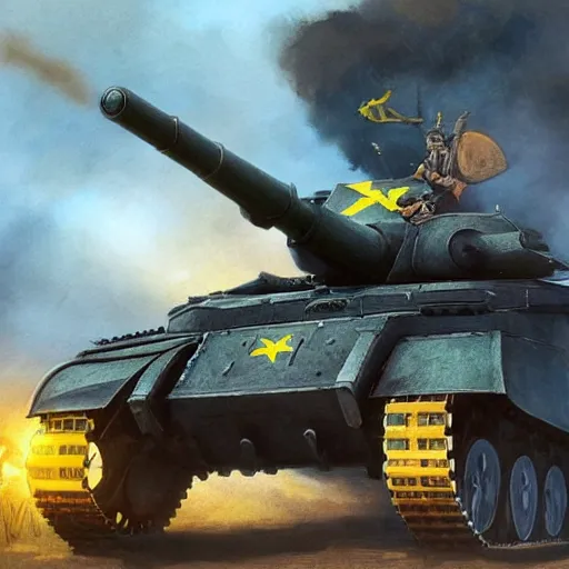 Image similar to a full body shot from distance of a great soldier with a yellow and blue flag standing in front of a Russian tank in triumph after battle, western, masculine figure, D&D, fantasy, intricate, elegant, highly detailed, digital painting, artstation, concept art, matte, sharp focus, symmetrical, illustration, art by Artgerm and Greg Rutkowski and Alphonse Mucha