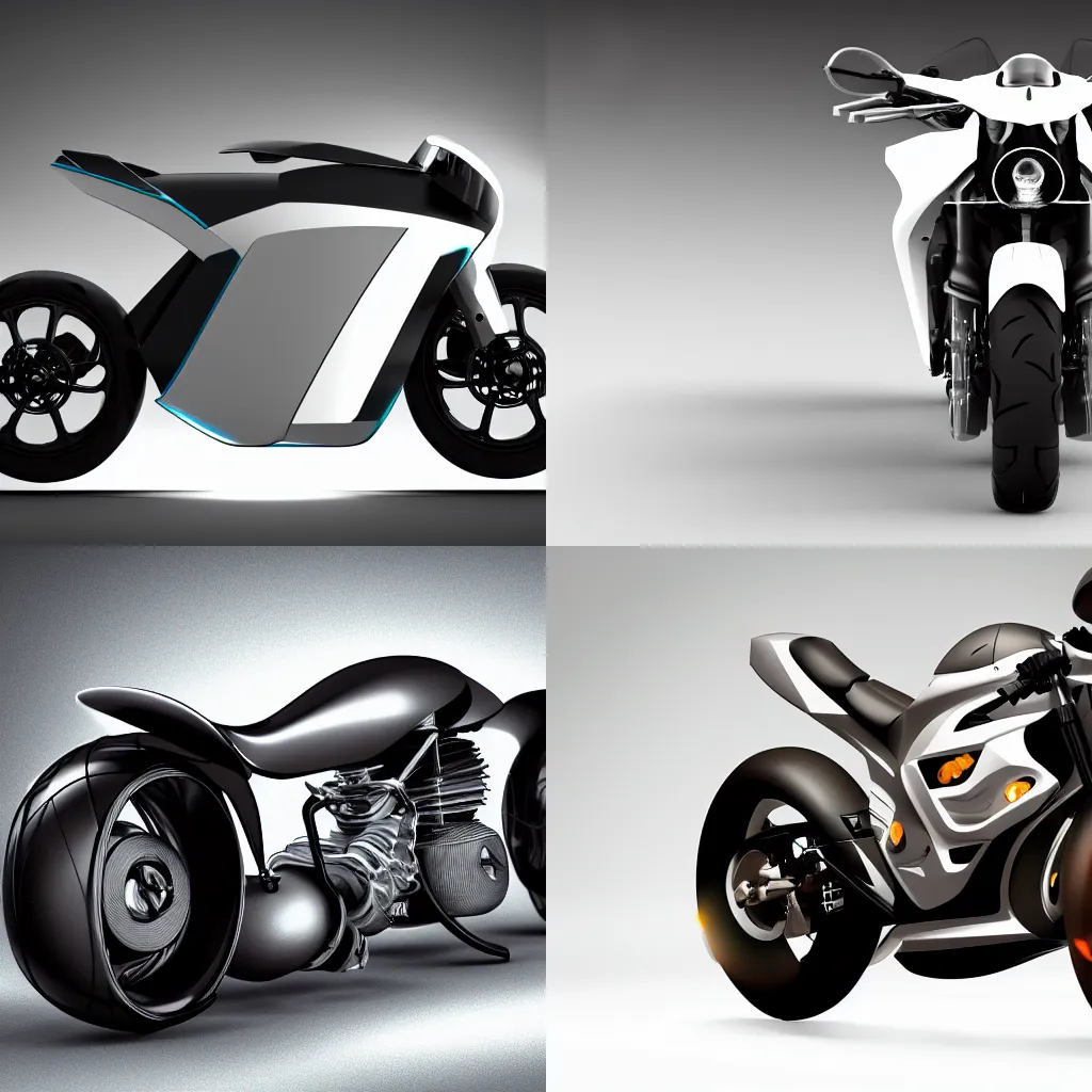 Prompt: futuristic concept art, 2050s motorcycle, white background, studio lighting, 4k