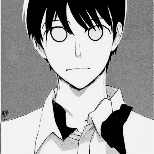 Image similar to black and white manga illustration of a boy with short dark hair and wearing a white shirt, illustrated by sadamoto