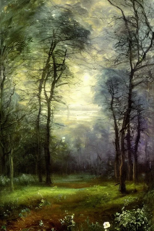 Image similar to moody painting of tiny purple morning glory flowers vining and growing in a forest dimly lit by morning light. foggy volumetric lighting, muted colour palette oil painting on canvas, john constable