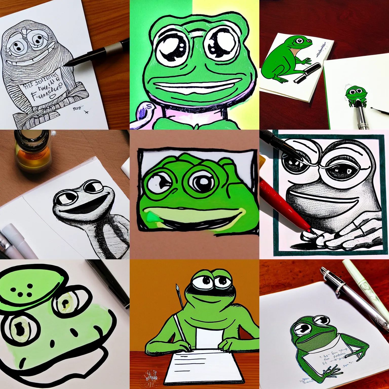 Prompt: pepe the frog writing with fountain pens