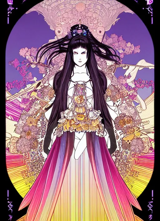 Image similar to highly detailed terada katsuya legend of the cryptids atrstation manga poster of princess mechine, anotherwanderer, rainbow gradient reflection, long hair, armor, dress, laces, ruffles, 8 k, maximalist, golden ratio, alphonse mucha