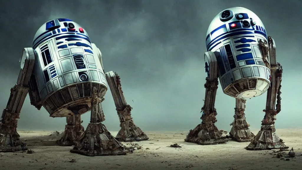 Prompt: r 2 d 2, mixed with an eldritch horror monster, with mechanical tentacles, film still from the movie directed by denis villeneuve with art direction by salvador dali