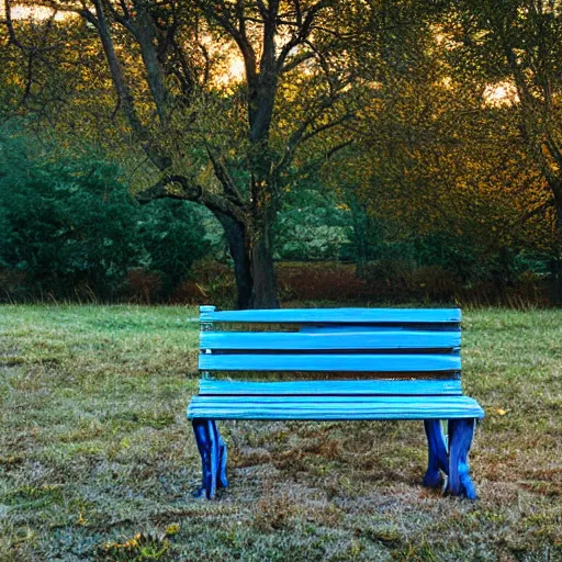 Image similar to Blue hour photography, a fox sitting on a bench, cool twilight lighting, 5am