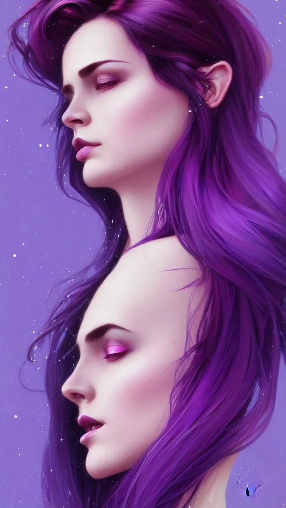 Image similar to Purple hair, creative colouring Portrait of woman face profile, fashion, coloured strands of hair, intricate, elegant, highly detailed, digital painting, artstation, concept art, smooth, sharp focus, illustration, art by artgerm and greg rutkowski and alphonse mucha, 8k