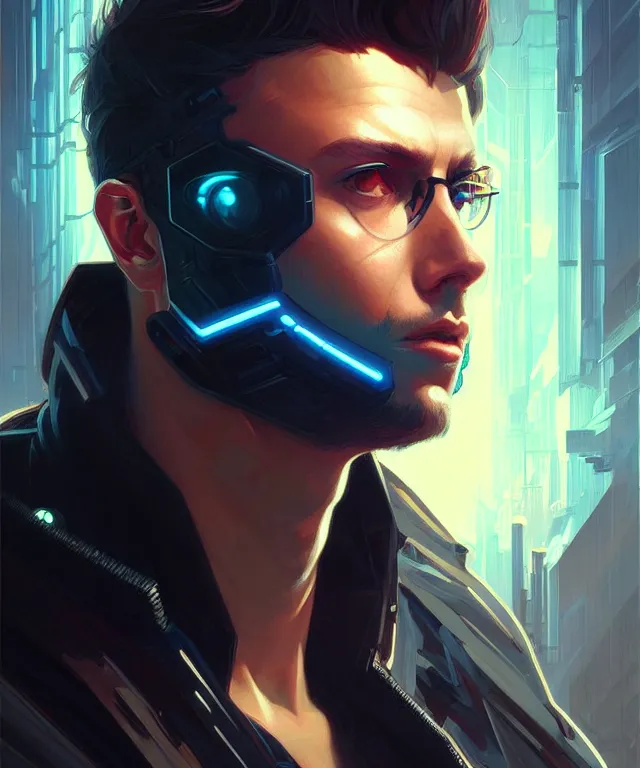 Image similar to Hacker cyberpunk man portrait, highly detailed, digital painting, artstation, concept art, smooth, sharp focus, illustration, art by artgerm and greg rutkowski and alphonse mucha