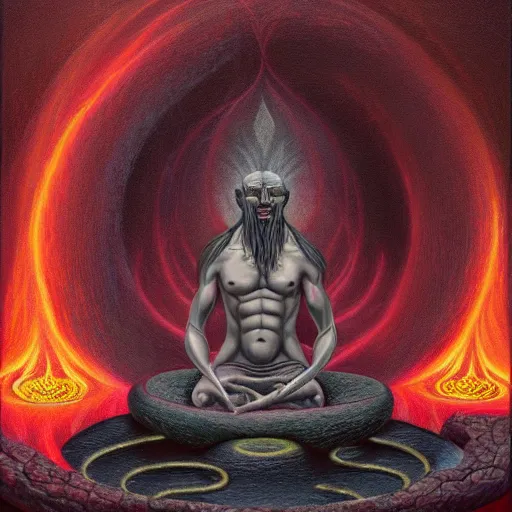 Image similar to a demon meditating near a zen garden with a lava waterfall in hell and opening a portal to heaven by amanda sage and anton semenov, oil on canvas 8k, dramatic lighting