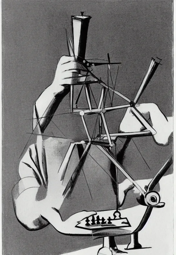 Image similar to a concept drawing of marcel duchamp holding up a chess - piece wire - machine, a surrealist painting by marcel duchamp, complex artificial - intelligence machinery, minimal sketch flow - chart, academic art, 1 9 2 0 s