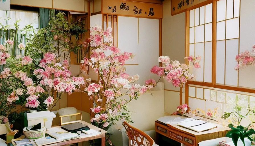 Image similar to 1 9 9 0 s candid 3 5 mm photo of a beautiful day in the a dreamy japanese flowery cottage designed by gucci, cinematic lighting, cinematic look, golden hour, a desk for flower arrangements and journaling has sun shinning on it through a window, temple in the distance, photographed by petra collins, uhd