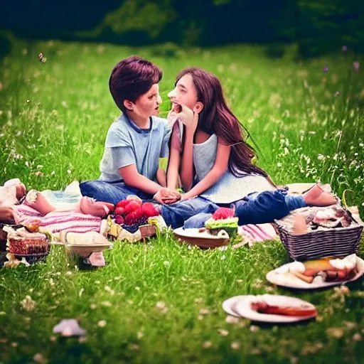 Image similar to a boy and a girl having a picnic in a beautiful field, aesthetic, beautiful, symmetrical face, vfx, 8 k, aesthetic