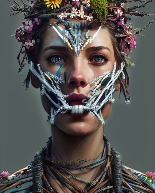 Image similar to symmetry!! portrait of a machine from horizon zero dawn, machine face, decorated with twigs and flowers, intricate, elegant, highly detailed, digital painting, artstation, concept art, smooth, sharp focus, illustration, art by artgerm and greg rutkowski and alphonse mucha, 8 k