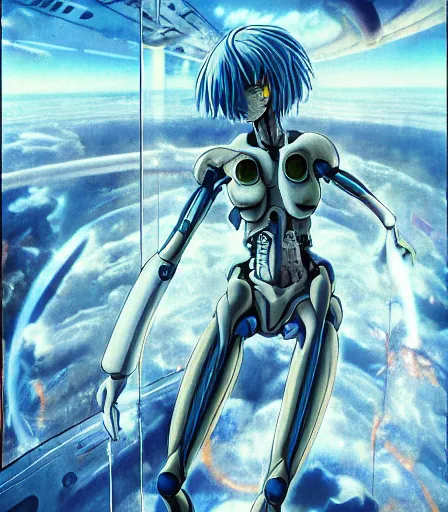 Image similar to female anime character Rei Ayanami cyborg in the center giygas epcotinside a space station eye of providence Beksinski Finnian vivid HR Giger to eye hellscape mind character