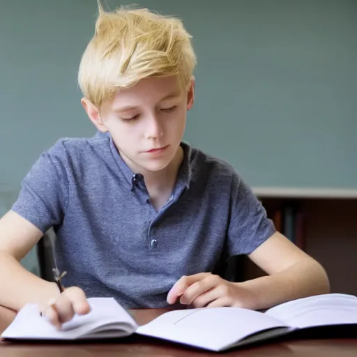 Image similar to boy with blonde hair doing homework