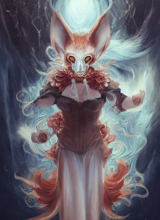 Prompt: a beautiful detailed oil on copper art illustration of a japanese kitsune mask devil beautiful woman, centered, by charlie bowater, zeng fanzh, trending on artstation, dim dusk lighting, cinematic lighting, detailed lighting, volumetric lighting, realistic, f 8, 4 k hd wallpaper