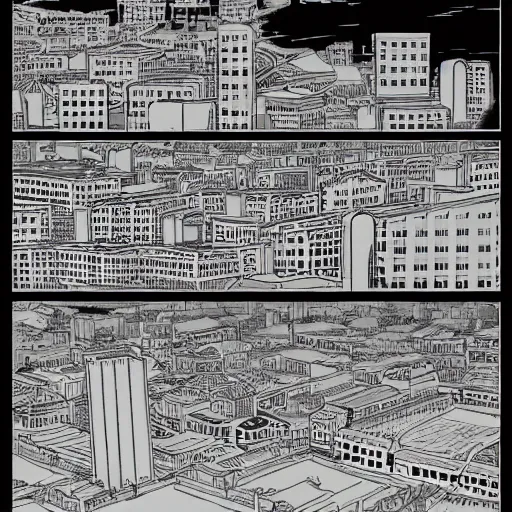 Image similar to a manga page showing a city from above,