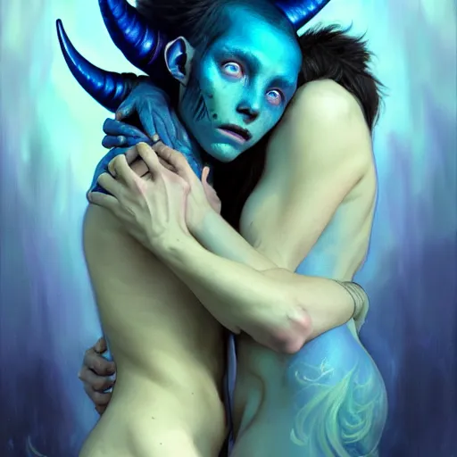 Prompt: A portrait of an alien girl with blue skin and horns embracing a human boy, romance novel cover, face, fantasy, intricate, elegant, highly detailed, digital painting, artstation, concept art, smooth, sharp focus, illustration, art by Krenz Cushart and Artem Demura and alphonse mucha