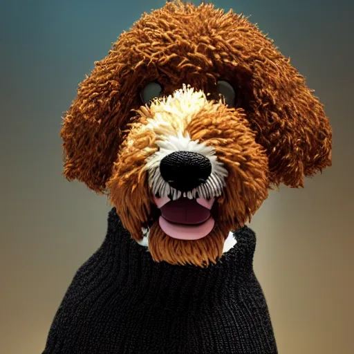 Image similar to a closeup photorealistic photograph of a smiling knitted bernedoodle judge dog dressed in a black gown, presiding over the courthouse. indoors, professional capture, well lit shot. this 4 k hd image is trending on artstation, featured on behance, well - rendered, extra crisp, features intricate detail, epic composition and the style of unreal engine.