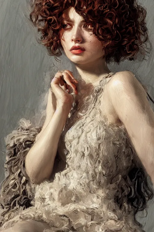 Image similar to a young beautiful lady with curly hair, in style of Valentin Serov, hypermaximalistic, high details, cinematic, 8k resolution, beautiful detailed, insanely intricate details, artstation trending, octane render, unreal engine