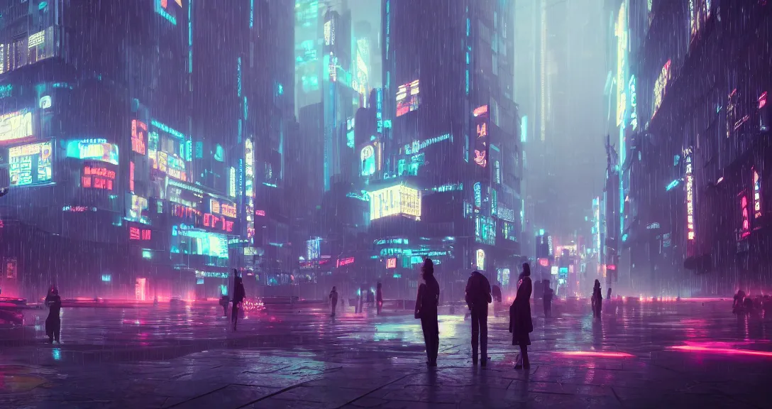 Prompt: cinematic cyberpunk scenery, crowd in the middle, two people with light, ethereal, netflix like, octane render, highly detailed, intricate, fogs, neon light, rainy, stars on back
