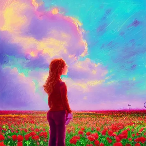 Image similar to large rose head, girl standing in a flower field, surreal photography, sunrise dramatic light, impressionist painting, colorful clouds, digital painting, artstation, simon stalenhag