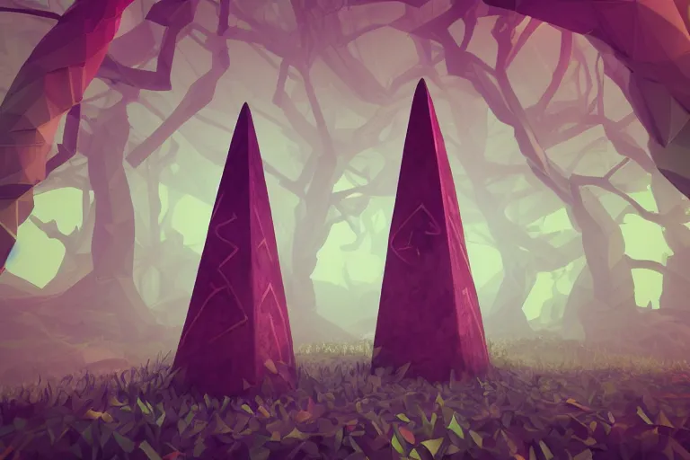 Image similar to super detailed color lowpoly art, overgrown mystical forest meadow, ancient stone obelisk with subtle glowing runes, thick vines wrapping around, unreal engine, retrowave color palette, 3 d render, lowpoly, colorful, digital art, perspective