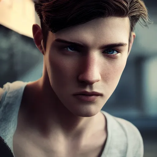 Image similar to young man with short brown hair and blue eyes, pale skin, medium build, looking nervous, highly detailed, cinematic shot, cinematic lighting, 8 k, exquisite facial detail, 5 0 mm, unreal engine octane render