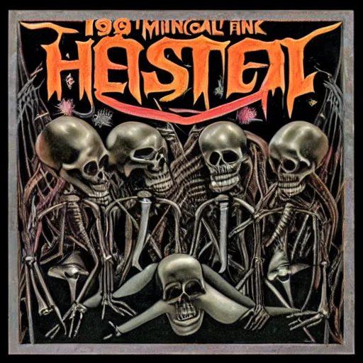 Prompt: 1 9 8 0's heavy metal album art, a funk band that's all skeletons