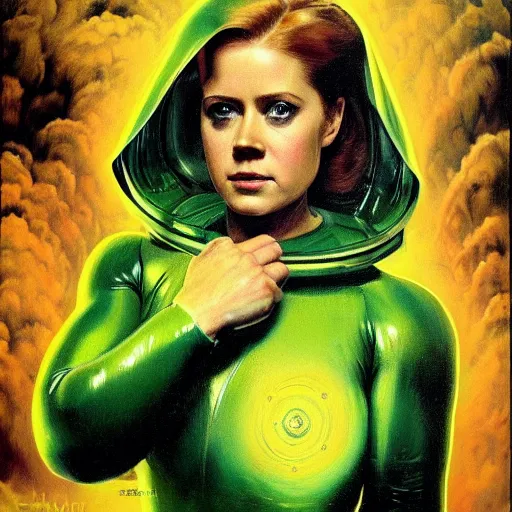 Image similar to ultra realistic portrait painting of amy adams in a hazmat suit surrounded by glowing green radiation, art by frank frazetta, vintage levi ’ s ad, stormy weather, dark vibes, 4 k, ultra realistic, highly detailed, epic lighting