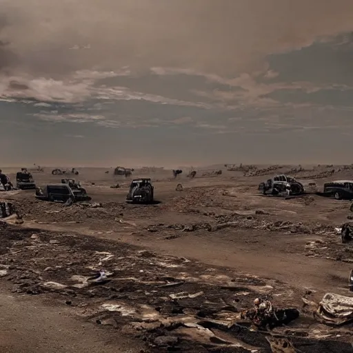 Prompt: city, dried up river, fire, boats in mad max fury road style, riding on the dried up river