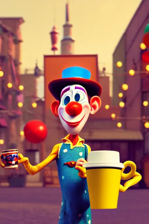 Image similar to portrait of a clown holding a cup of coffee with the circus in background, full body. pixar disney 4 k 3 d render funny animation movie oscar winning trending on artstation and behance. ratatouille style.