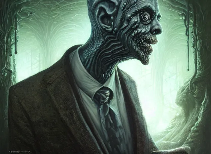 Image similar to lovecraft biopunk portrait of rowan sebastian atkinson, fractal background, anthropomorphic cthulhu behind him, by tomasz alen kopera and peter mohrbacher