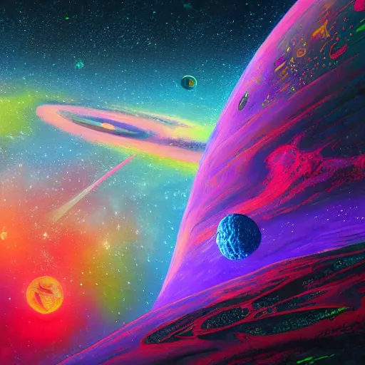 Image similar to space landscape, neon, illustration painting, oil on canvas, intricate, detailed illustration, hd, digital art, overdetailed art, concept art, complementing colors, detailed, illustration painting by alex gray, digital art, overdetailed art, concept art, matte painting, concept art, complementing colors rendered by beeple, syd meade