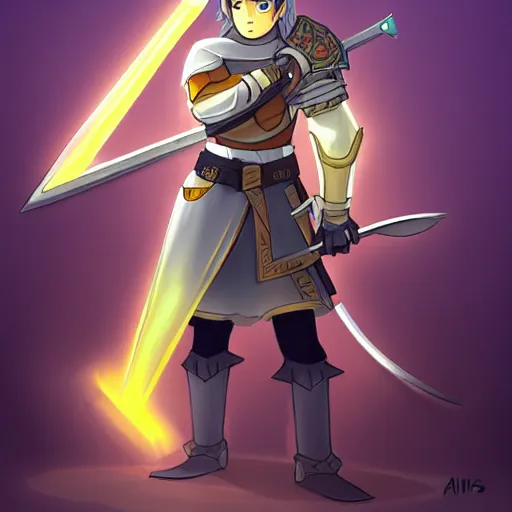 Image similar to A paladin wielding a giant sword surrounded by bright light, by AgusSW