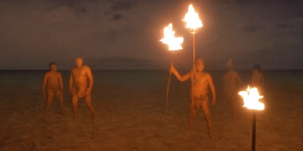 Prompt: creepy haunted Hawaiian native ghosts on a moon lit beach carrying torches, horror movie