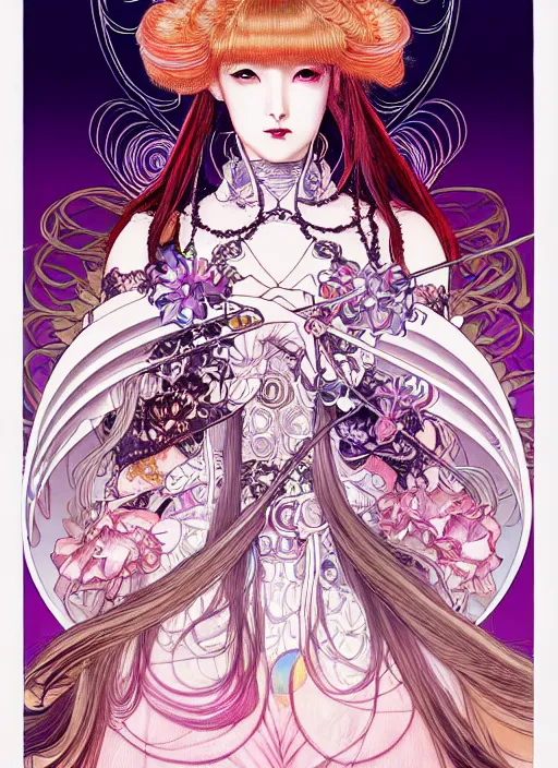 Image similar to artstation highly detailed terada katsuya manga poster of girl mechine, rainbow gradient reflection bloom, ayami kojima, long hair, wapon, armor, dress, laces, ruffles, 8 k, maximalist, alphonse mucha