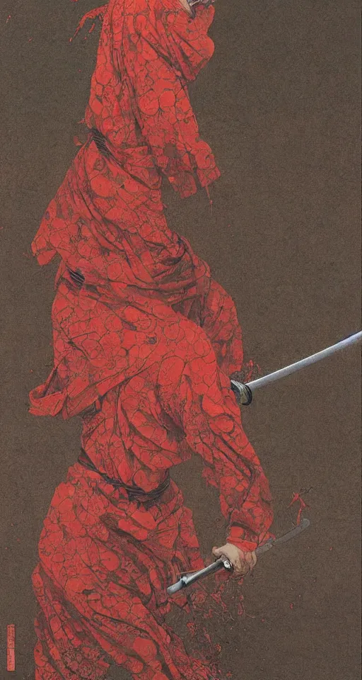 Image similar to japanese schoolgirl runs away from samurai with a katana on the subway, high detailed beksinski painting, part by adrian ghenie and gerhard richter. art by takato yamamoto. masterpiece, deep colours, red