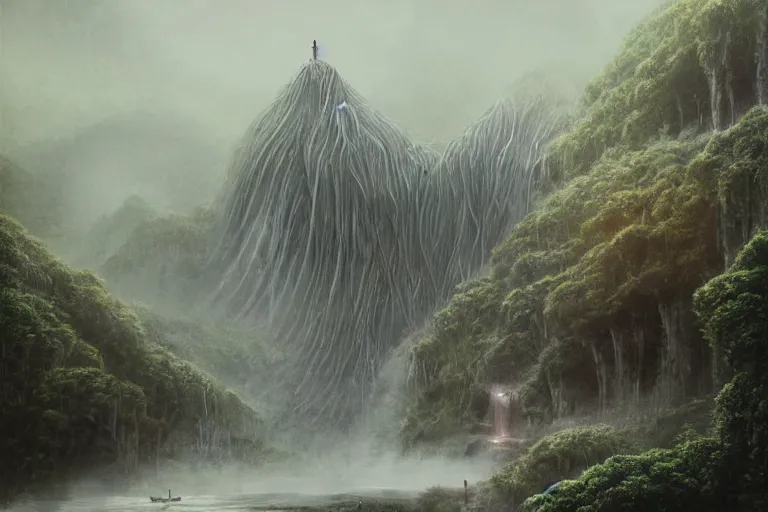 Prompt: Rivendell Himeji Eden hallucination, gleaming brutalist Japanese castle overlooking the Garden of Eden, Fertile Valley, Waterfalls and lakes, amazing concept painting, by Jessica Rossier by HR giger by Beksinski,